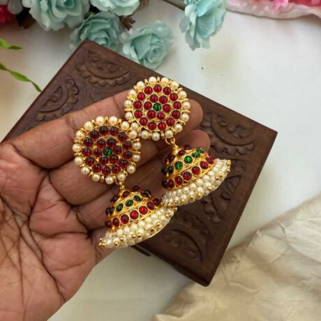 Kemp 3 Layers Jhumkas-Green Red-Pearl- KJ029