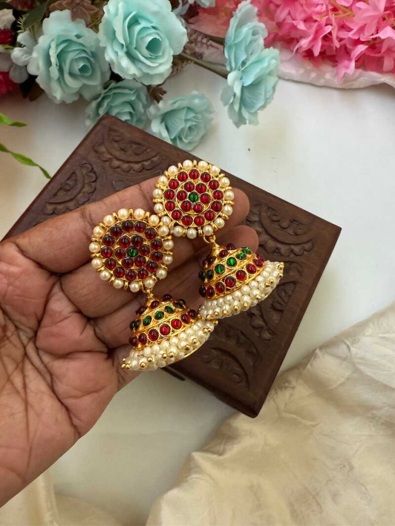 Kemp 3 Layers Jhumkas-Green Red-Pearl- KJ029
