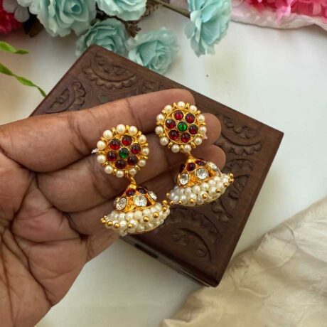 Kemp 2 Layers Jhumkas-Stone-Green Red-Pearl- KJ028