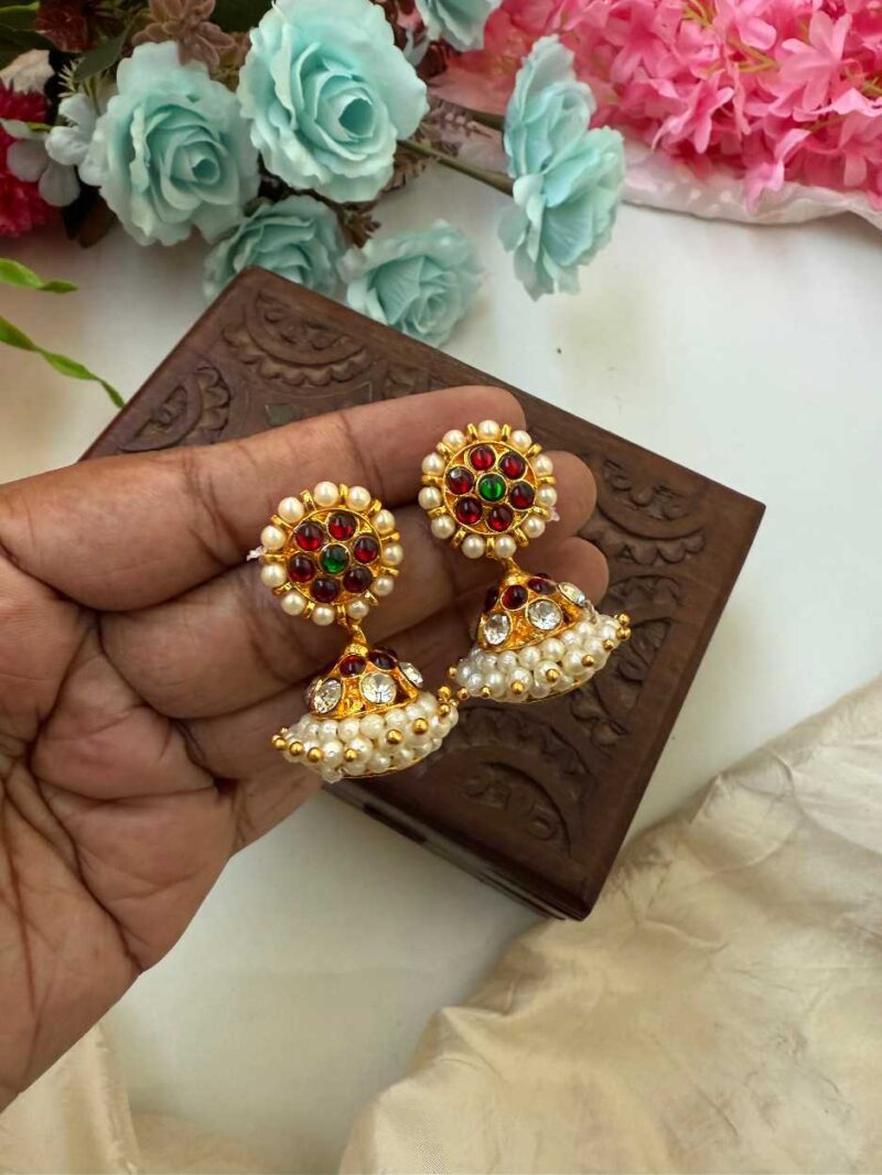 Kemp 2 Layers Jhumkas-Stone-Green Red-Pearl- KJ028