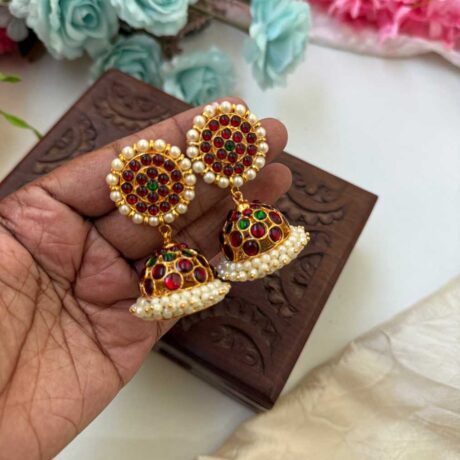 Kemp 4 Layers Jhumkas-Green Red-Pearl- KJ027