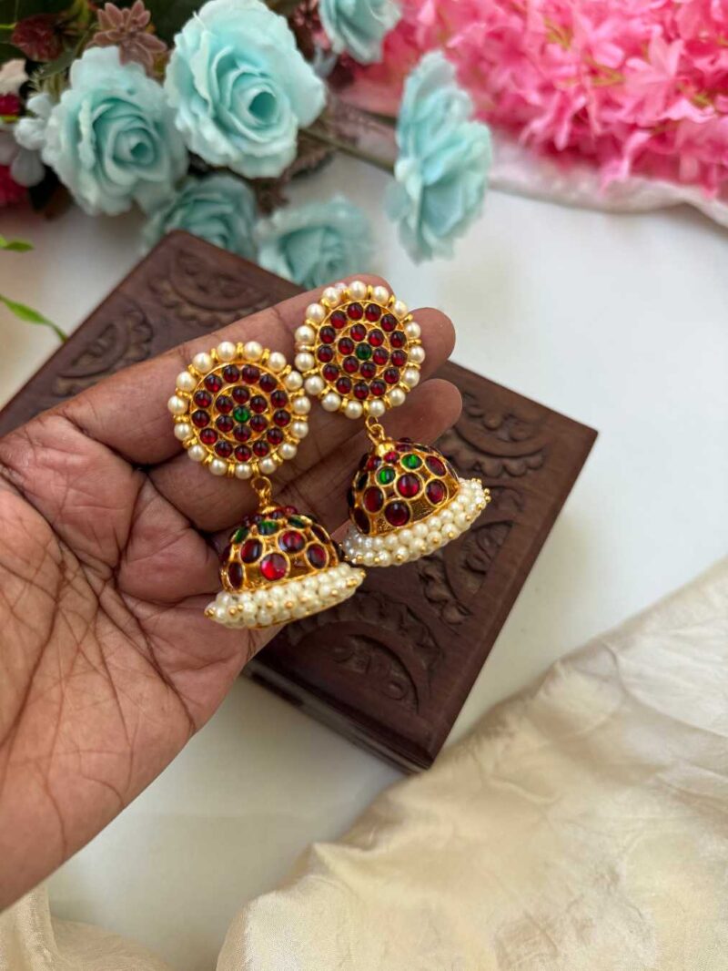 Kemp 4 Layers Jhumkas-Green Red-Pearl- KJ027