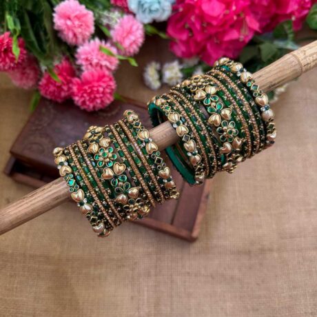 Golden & Green Unique Heart Silk Thread Glass Bangles Combo- BC388