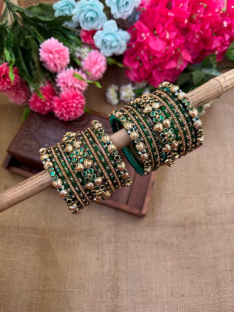 Golden & Green Unique Heart Silk Thread Glass Bangles Combo- BC388