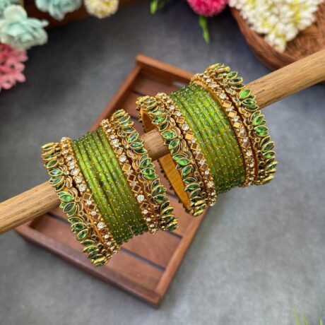 3D-Parrot Green Lotus Silk Thread Glass Bangles Combo- BC395