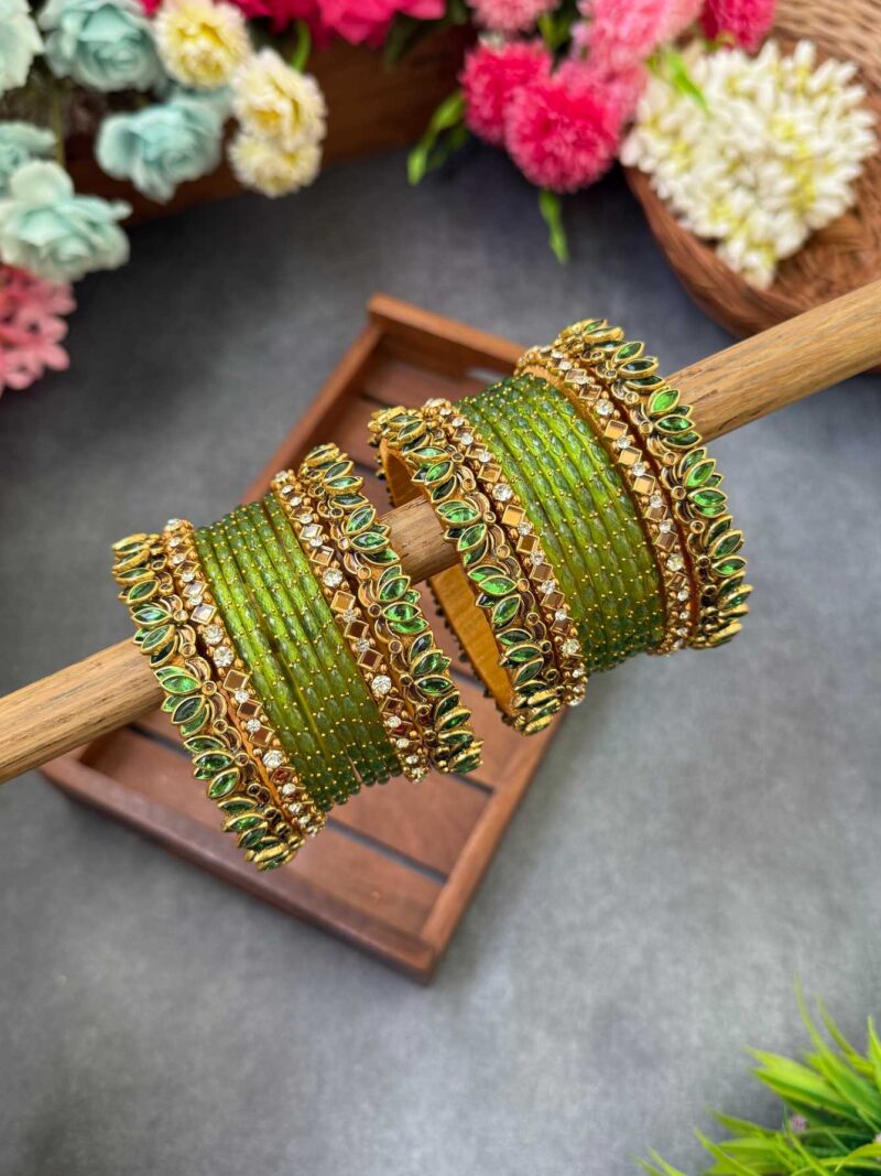 3D-Parrot Green Lotus Silk Thread Glass Bangles Combo- BC395