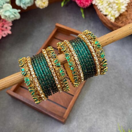 3D-Turquoise Green Lotus Silk Thread Glass Bangles Combo- BC396