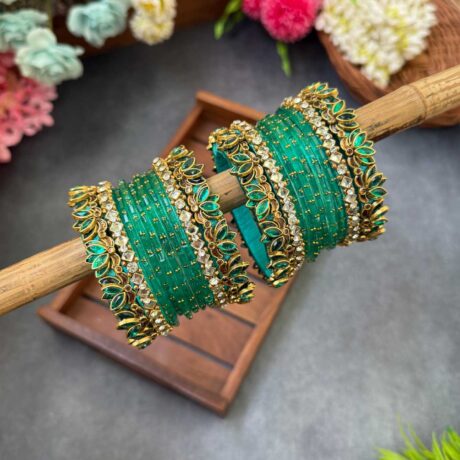 3D-Light Turquiose Green Lotus Silk Thread Glass Bangles Combo- BC399