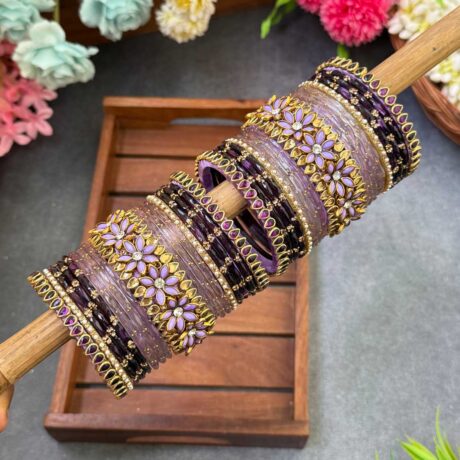 Lavender & Wine Silk Thread Glass Bangles Combo- BC400