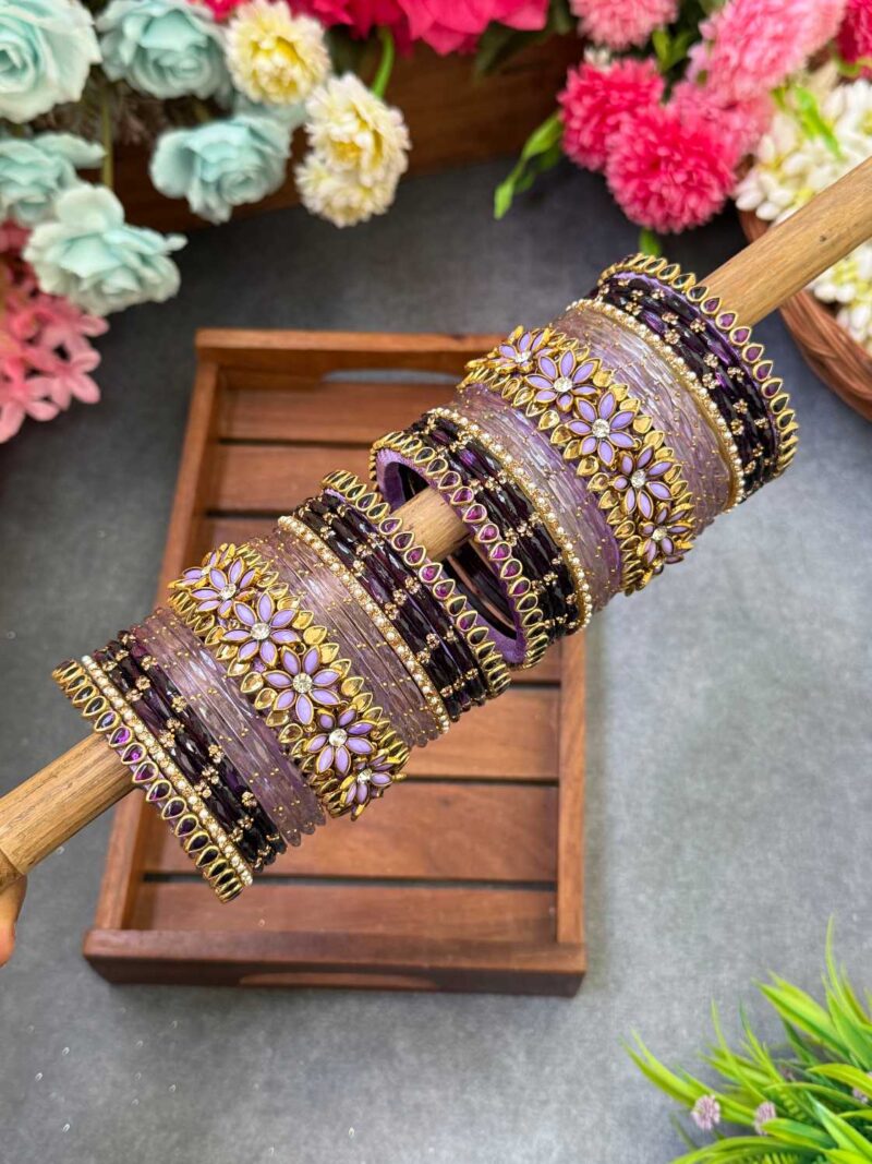 Lavender & Wine Silk Thread Glass Bangles Combo- BC400