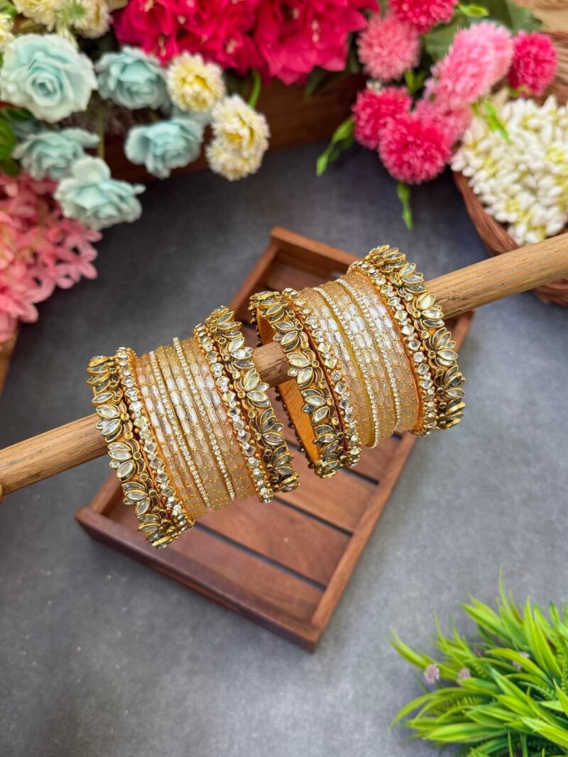 3D-White Lotus Silk Thread Glass Bangles Combo- BC401