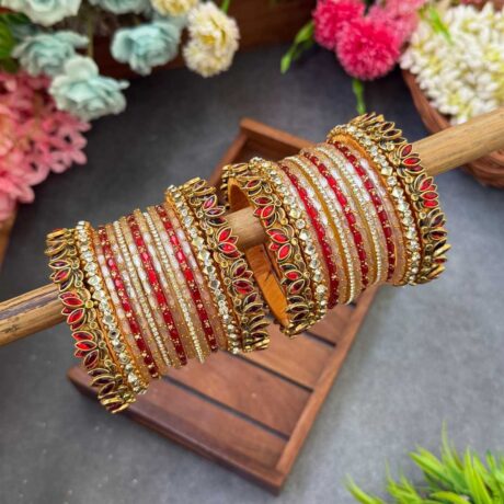 3D-Lotus Red & Peach Silk Thread Glass Bangles Combo- BC402