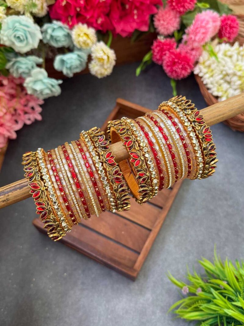 3D-Lotus Red & Peach Silk Thread Glass Bangles Combo- BC402