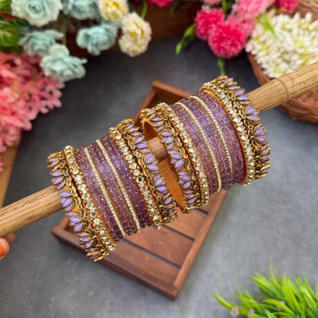 3D-Lavender Lotus Silk Thread Glass Bangles Combo- BC403