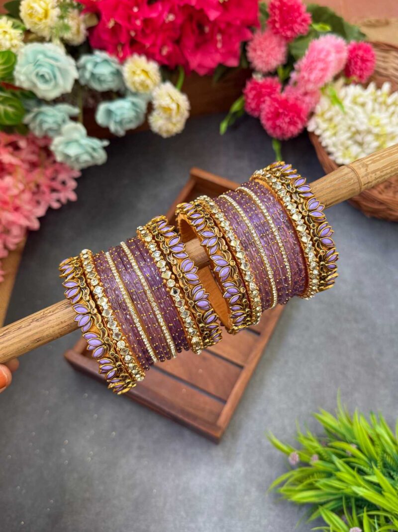 3D-Lavender Lotus Silk Thread Glass Bangles Combo- BC403