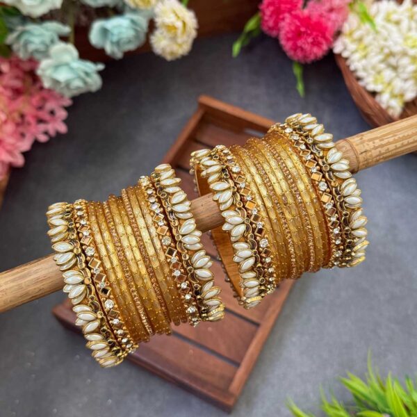 3D-Pearl White Lotus Silk Thread Glass Bangles Combo- BC398
