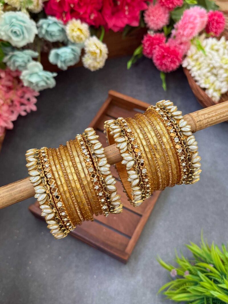 3D-Pearl White Lotus Silk Thread Glass Bangles Combo- BC398