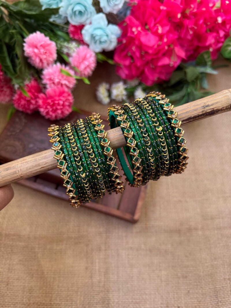 Green Silk Thread Glass Bangles Combo- BC389