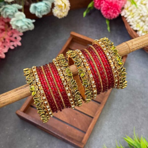 3D-Lotus Olive Green & red Silk Thread Glass Bangles Combo- BC405