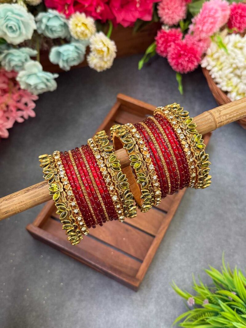 3D-Lotus Olive Green & red Silk Thread Glass Bangles Combo- BC405