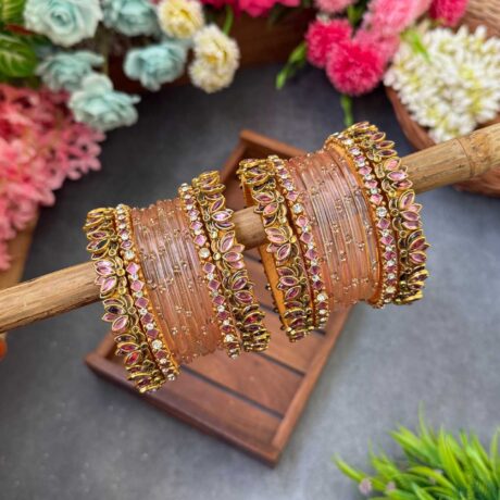 3D- Baby Pink Lotus Silk Thread Glass Bangles Combo- BC406