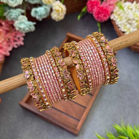 3D- Baby Pink Lotus Silk Thread Glass Bangles Combo- BC407