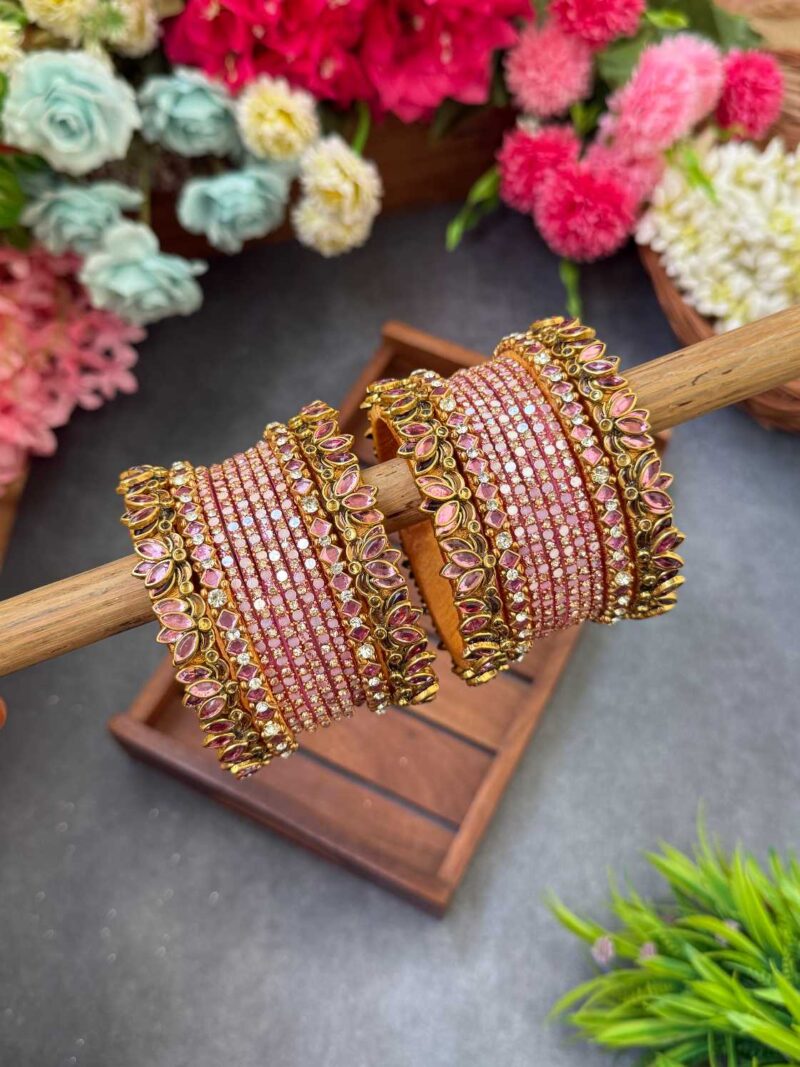 3D- Baby Pink Lotus Silk Thread Glass Bangles Combo- BC407