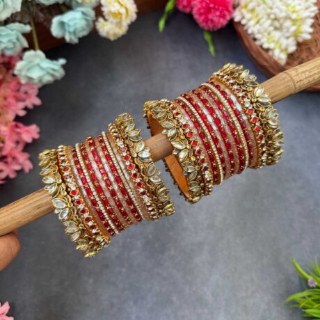 3D- White Lotus Red Silk Thread Glass Bangles Combo- BC408