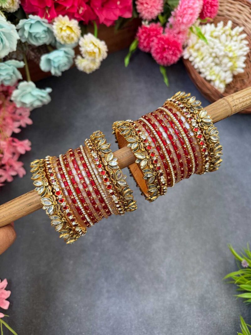3D- White Lotus Red Silk Thread Glass Bangles Combo- BC408