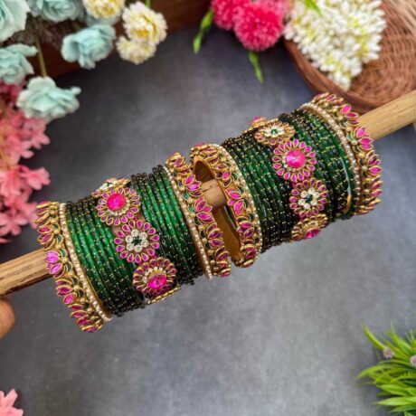 3D- Pink Lotus & Green Silk Thread Glass Bangles Combo- BC409