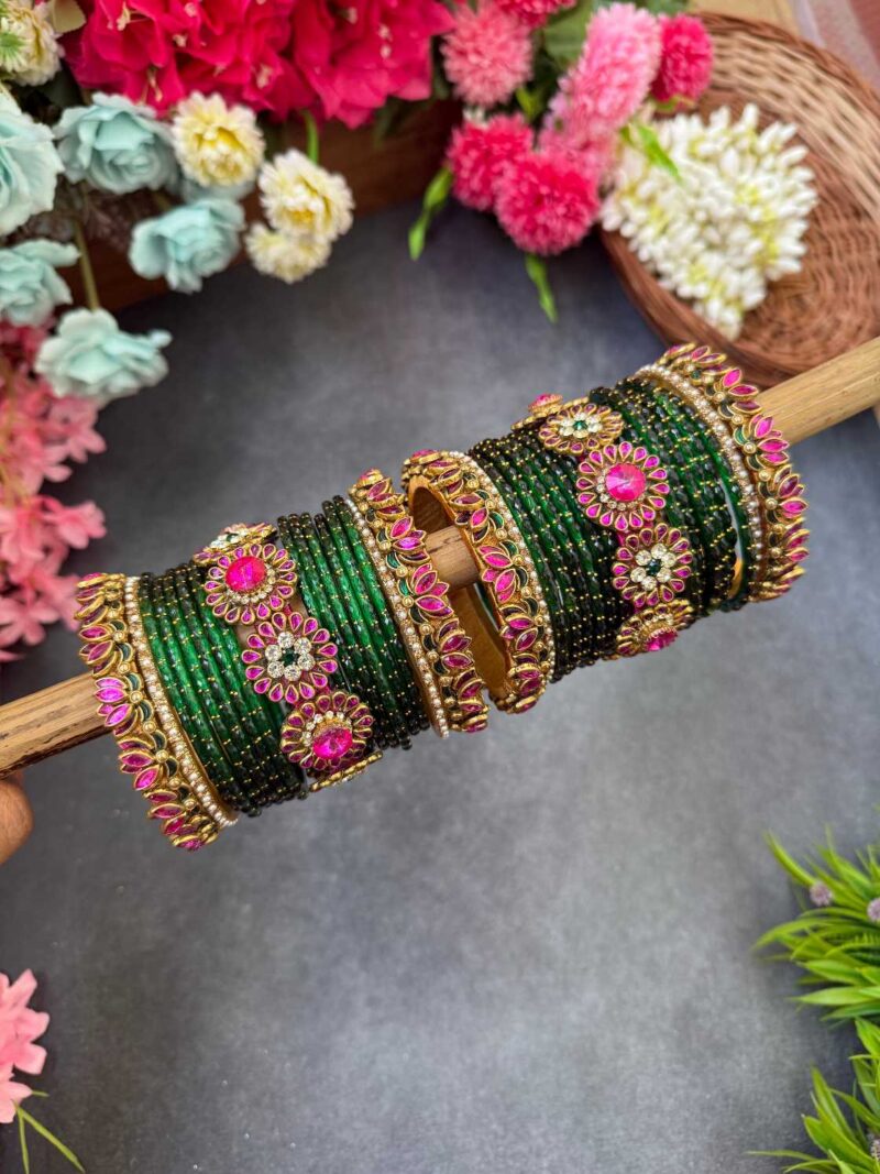 3D- Pink Lotus & Green Silk Thread Glass Bangles Combo- BC409