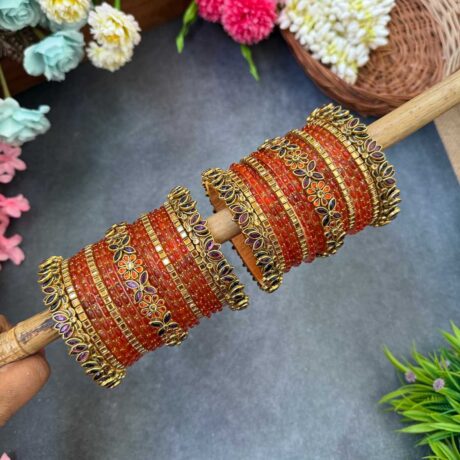 3D-Lotus Wine & Orange Silk Thread Glass Bangles Combo- BC410