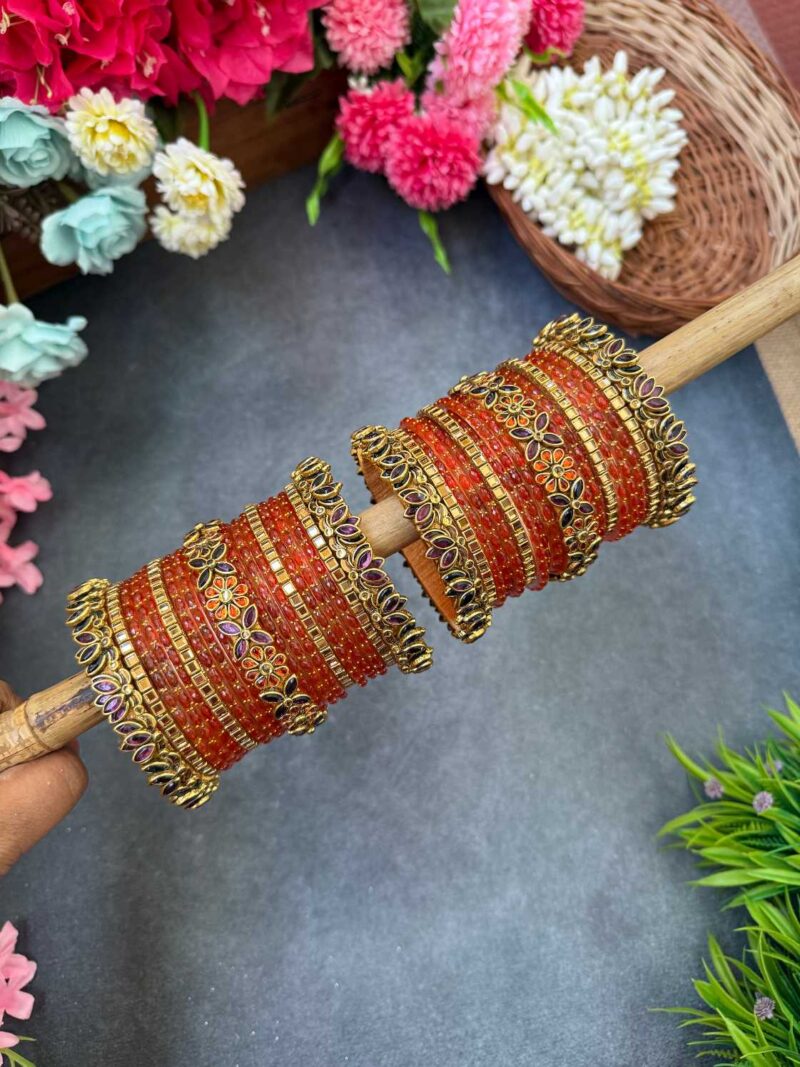3D-Lotus Wine & Orange Silk Thread Glass Bangles Combo- BC410