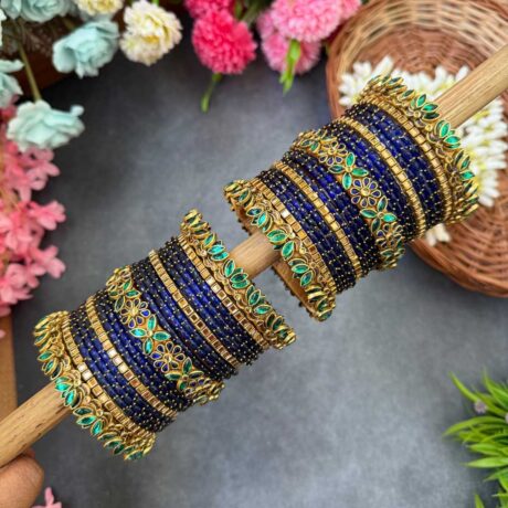 3D-Lotus Peacock Green & Dark Blue Silk Thread Glass Bangles Combo- BC411