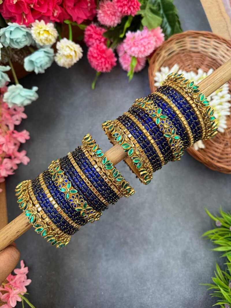 3D-Lotus Peacock Green & Dark Blue Silk Thread Glass Bangles Combo- BC411