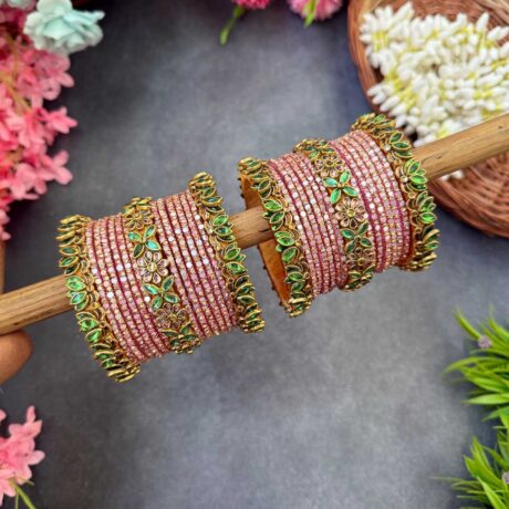 3D-Lotus Mint Green & Baby Pink Silk Thread Glass Bangles Combo- BC412