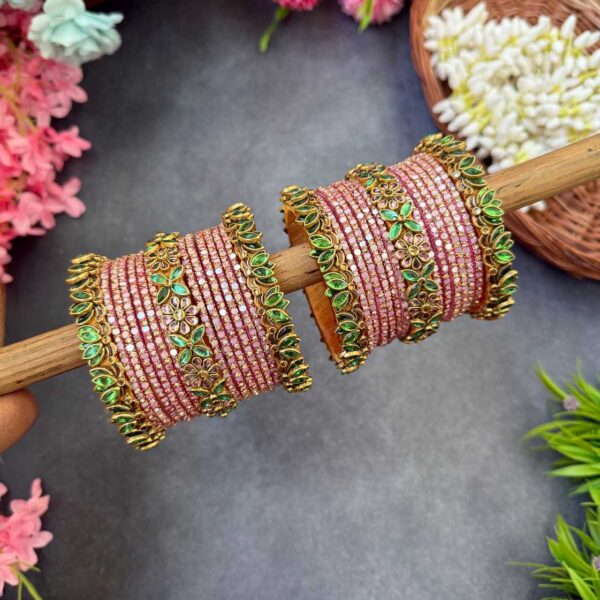3D-Lotus Mint Green & Baby Pink Silk Thread Glass Bangles Combo- BC412