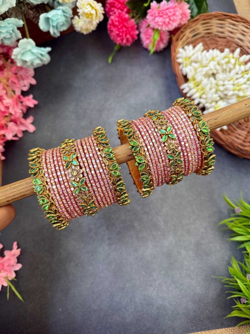 3D-Lotus Mint Green & Baby Pink Silk Thread Glass Bangles Combo- BC412