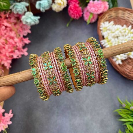 3D-Lotus Mint Green & Baby Pink Silk Thread Glass Bangles Combo- BC413