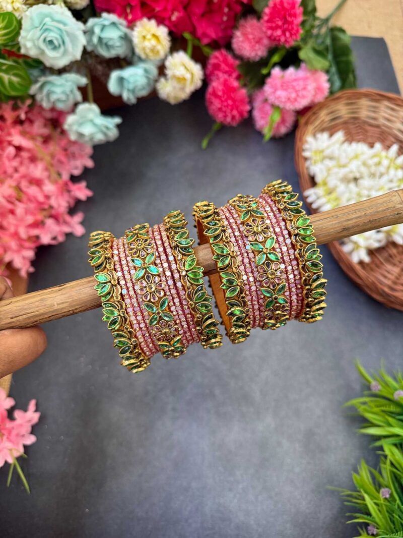 3D-Lotus Mint Green & Baby Pink Silk Thread Glass Bangles Combo- BC413