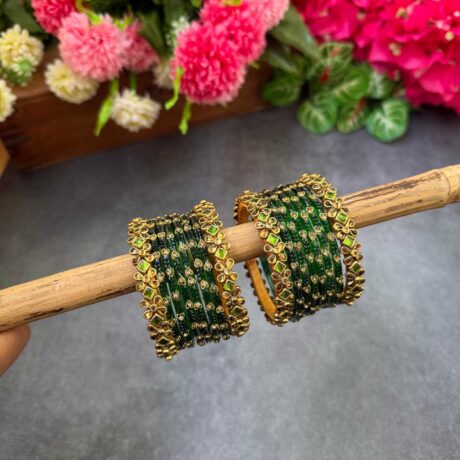 Mint Green & Dark Green Silk Thread Glass Bangles Combo - BC415
