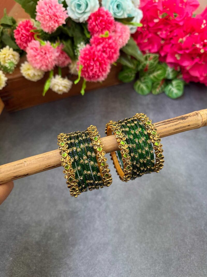 Mint Green & Dark Green Silk Thread Glass Bangles Combo - BC415