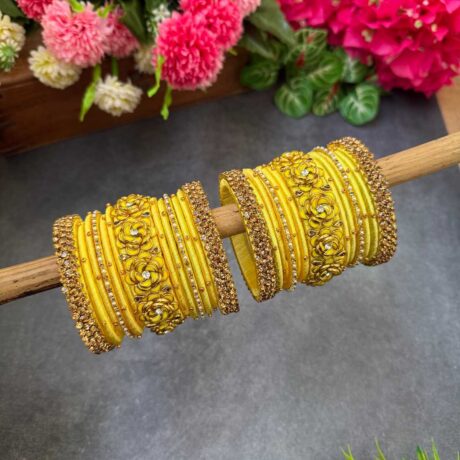 3D – Yellow flower with Gold stone Silk thread Bangle - BC469