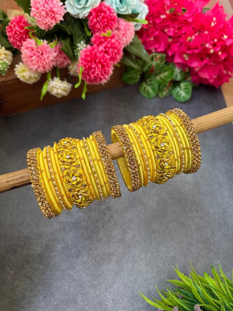 3D – Yellow flower with Gold stone Silk thread Bangle - BC469