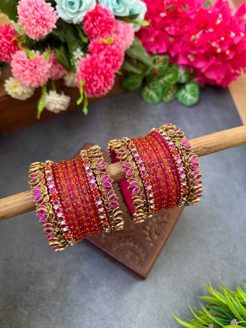 3D-Pink & Orange Silk Thread Glass Bangles Combo - BC454