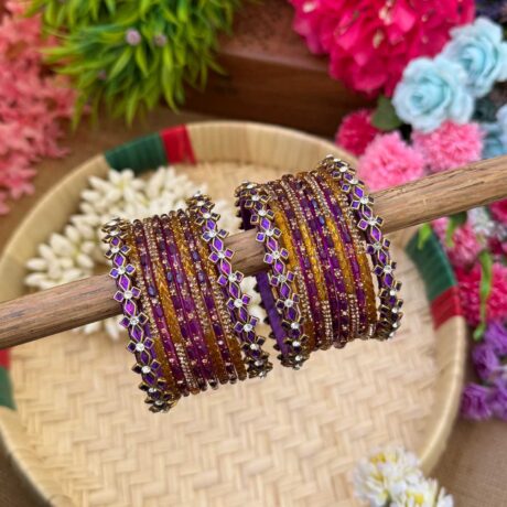 Diamond Purple & Yellow Silk Thread Glass Bangles Combo - BC457