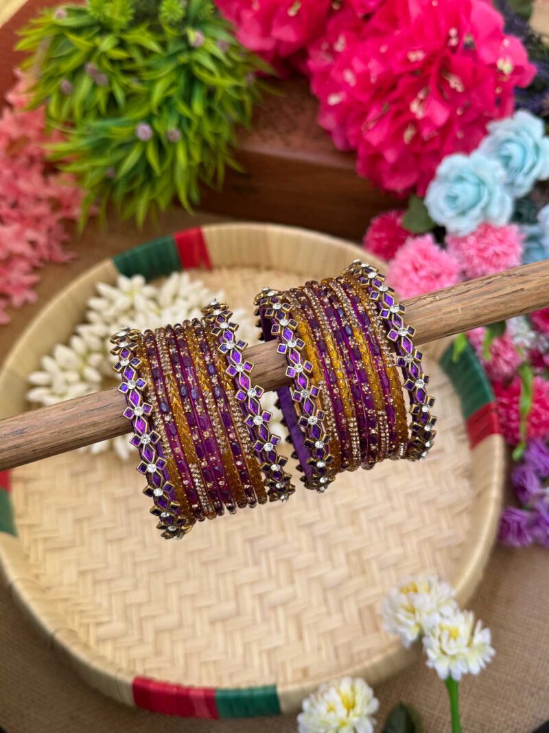 Diamond Purple & Yellow Silk Thread Glass Bangles Combo - BC457