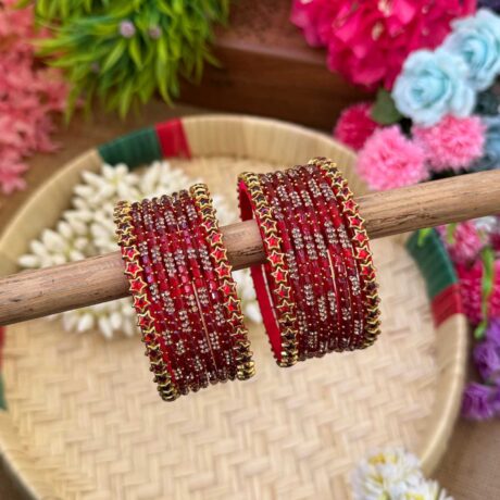 Star Kundhan Red Silk Thread Glass Bangles Combo - BC458