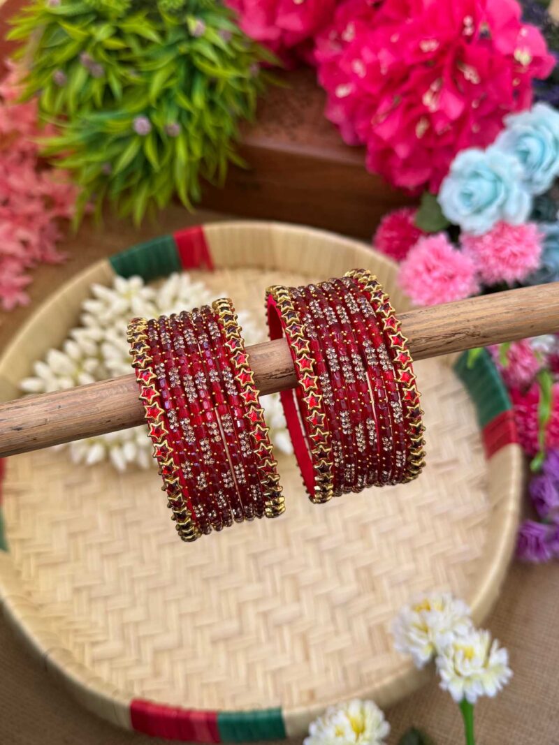 Star Kundhan Red Silk Thread Glass Bangles Combo - BC458