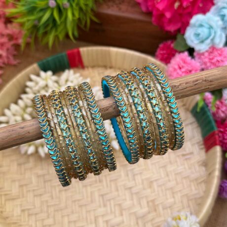 Heart & Star Sky Blue & Gold Silk Thread Glass Bangles Combo - BC459